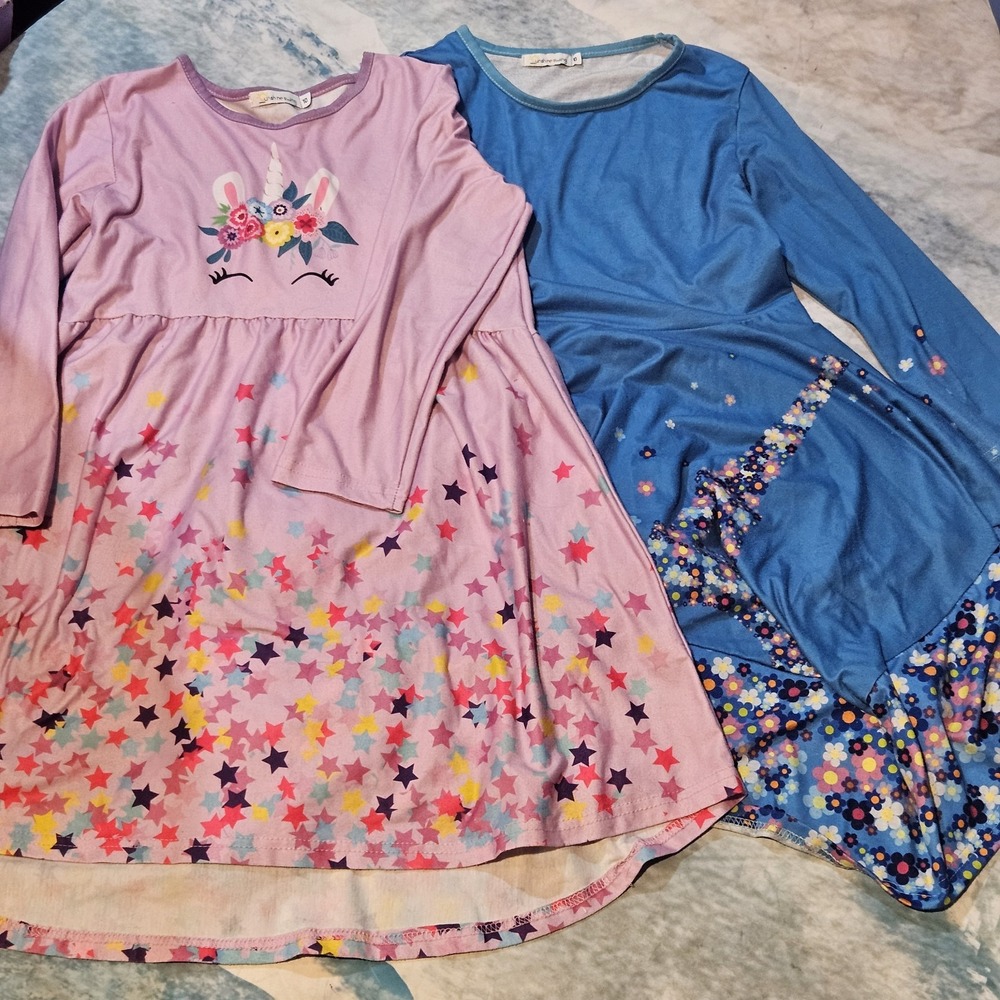 Sunshine Swing Girls Size 8 Long Sleeve Dress Bundle Floral Stars Unicorn